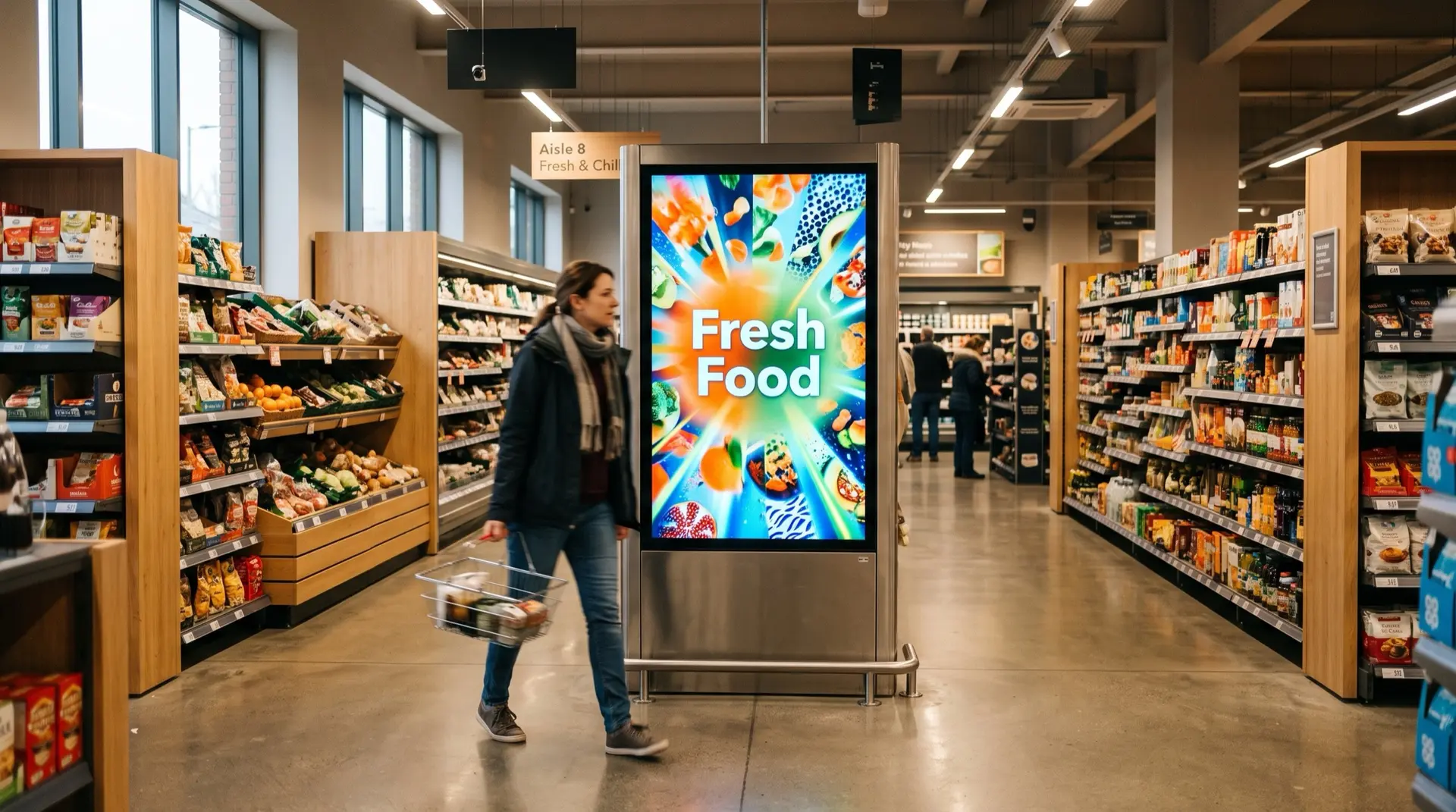 An in-store digital advertising screen in a UK convenience aisle
