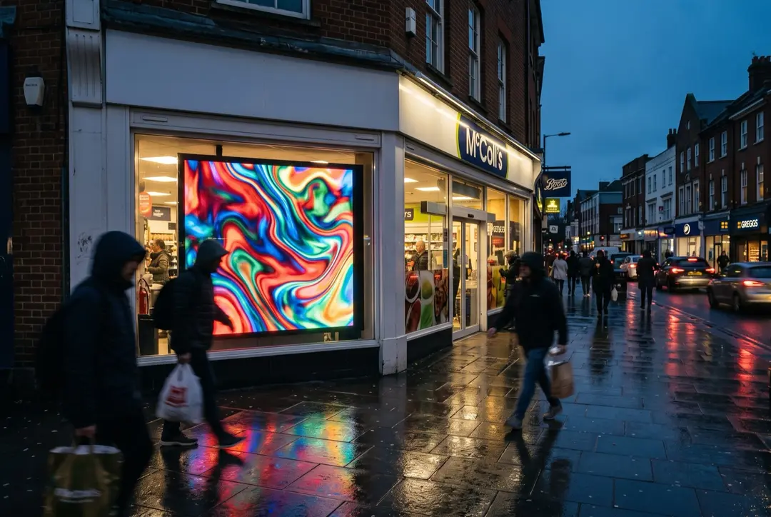 A glowing digital window screen on a UK high street at dusk